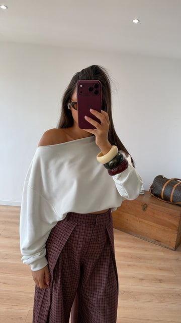 TOP SWEAT BLANC "EVA" (TOP MANCHES TOMBANTE ÉPAULES)